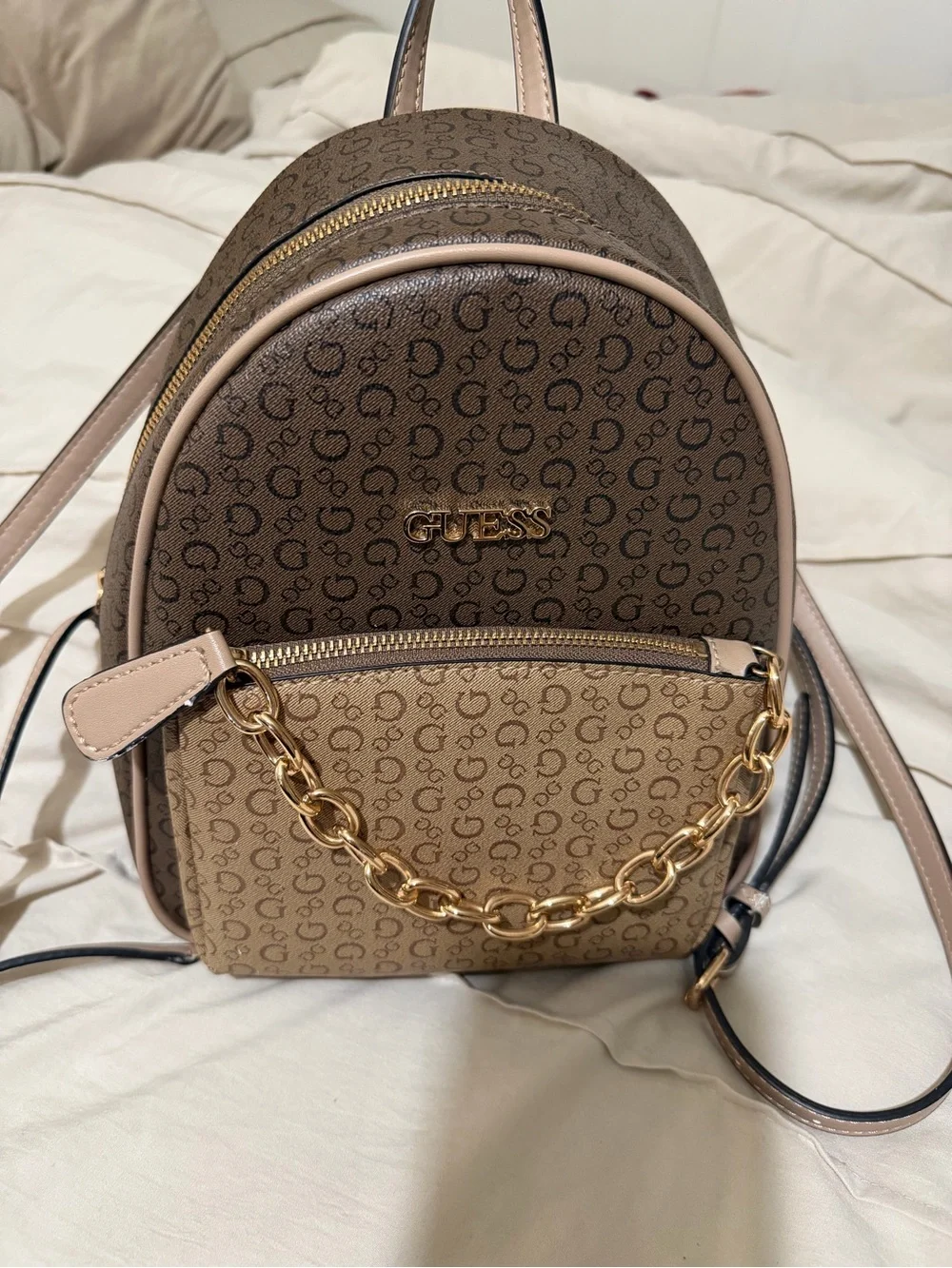 g by guess mini backpack GUESS Brown Two-Tone Mini Backpack with Gold Chain Detail